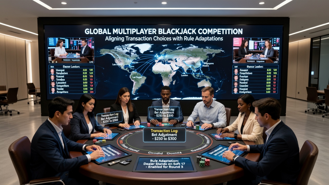 Spieler bei einem internationalen Blackjack-Turnier mit Fokus auf Zahlungsmethoden und Regeladaptionsprozesse