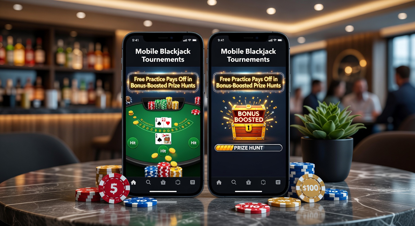 Smartphone mit laufendem Blackjack-Turnier-App, Turnierleiter und Preistafel im Hintergrund