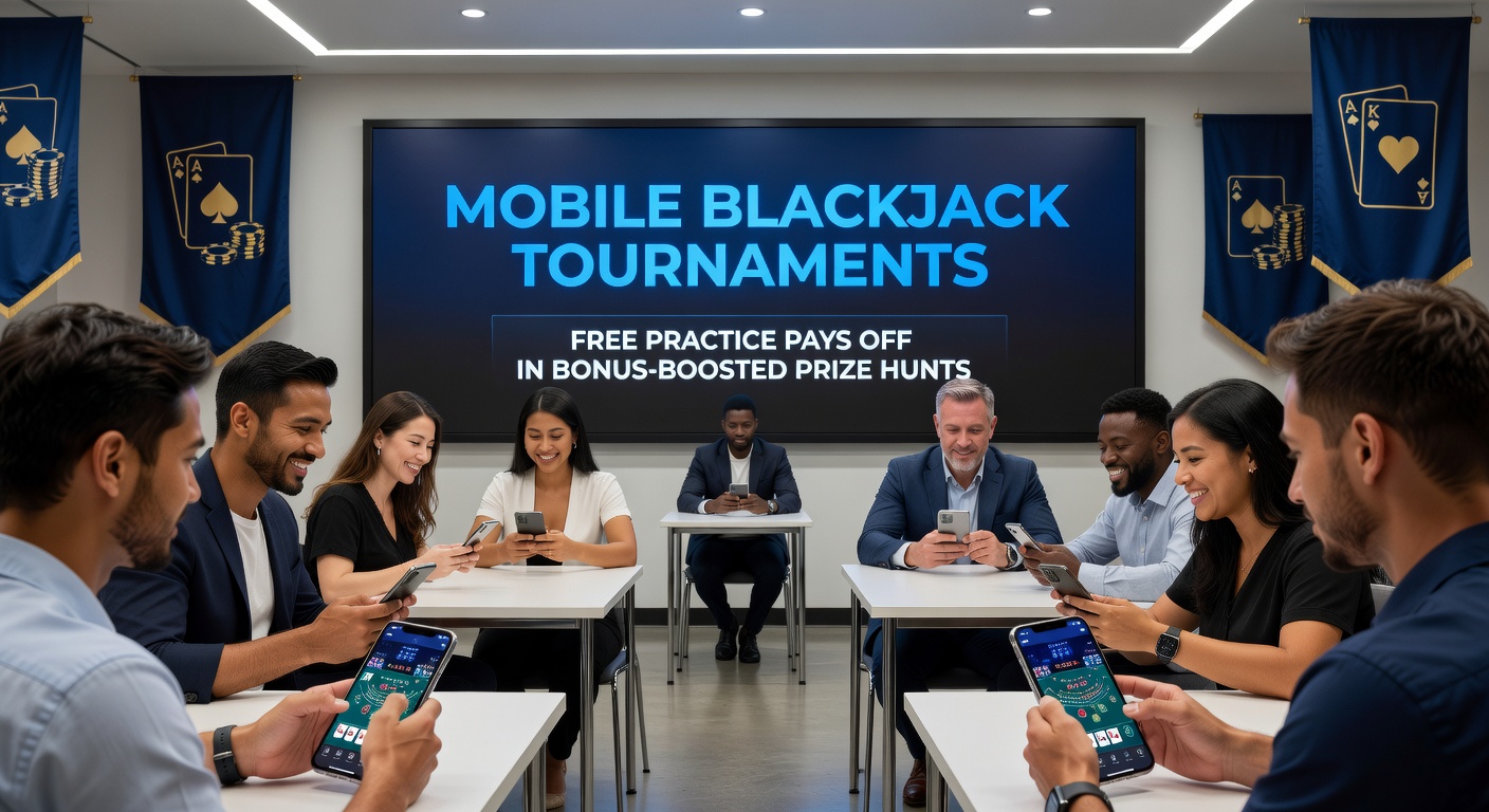 Gruppe von Spielern an mobilen Geräten während eines live Blackjack-Turniers, mit Bonus-Symbolen und Preistrophäen