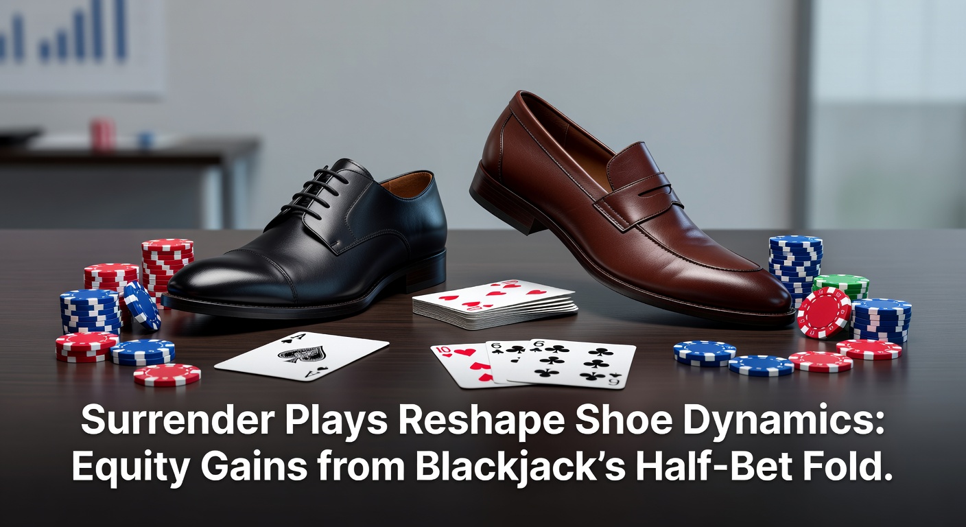 Grafik zur Surrender-Option im Blackjack, die den Halb-Einsatz-Fold illustriert und Equity-Vorteile im Kartenschuh zeigt